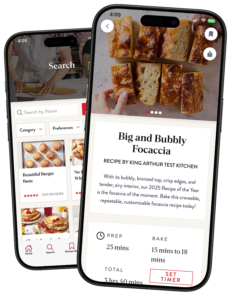 Images of the King Arthur Baking app shown on a phone with Big and Bubbly Focaccia recipe and the search UI.