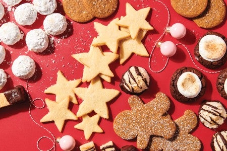 Holiday cookies on red background