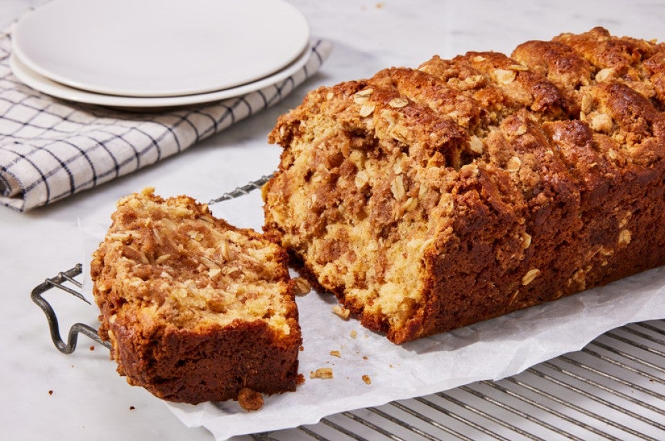 The baked scone loaf, cut open to show the streusel inside