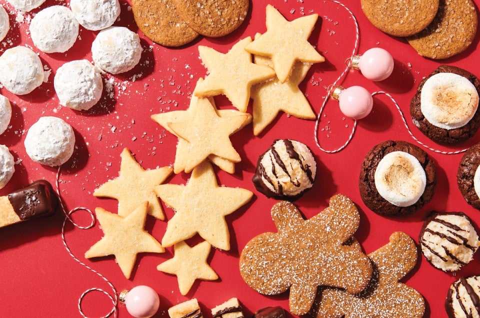 Holiday cookies on red background