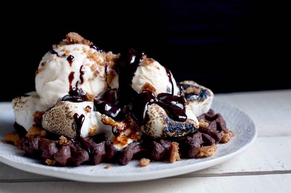 Fudge Waffles With Ice Cream And Chocolate Sauce King Arthur Baking