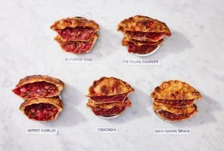 Five different strawberry-rhubarb pies, each made with a different thickener