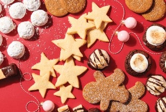 Holiday cookies on red background