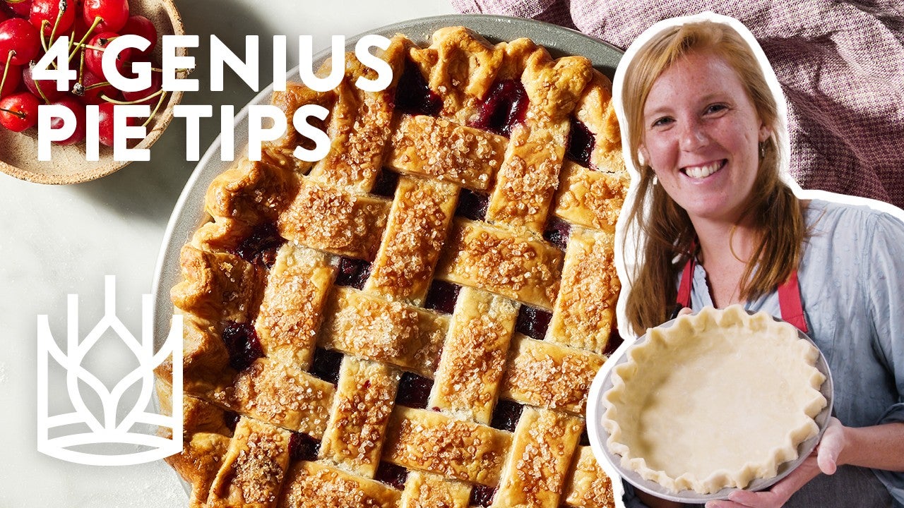 Kye holding up a pie crust against a background of baked pie