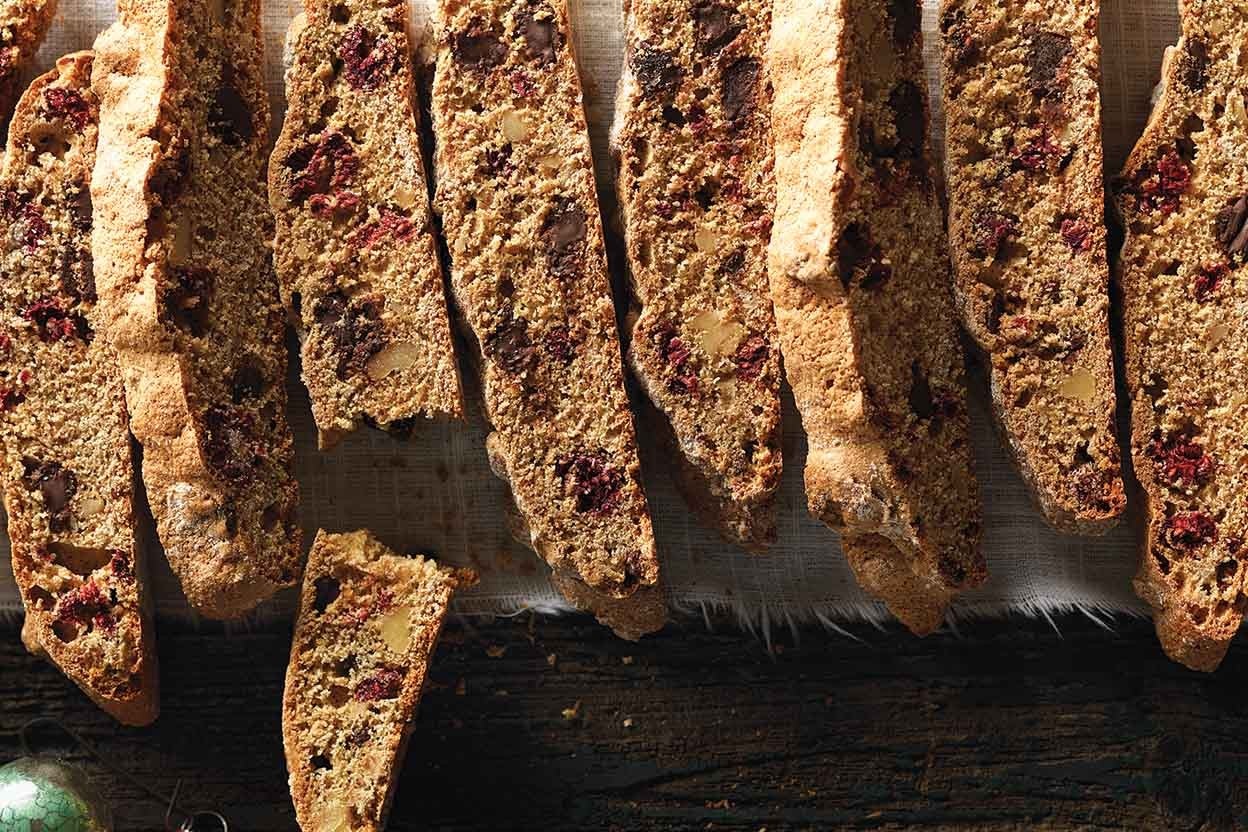 Chocolate, Raspberry, and Walnut Whole Wheat Biscotti