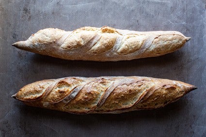 Baguette, baked with and without steam