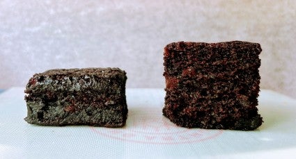 Two squares of Chocolate Cake Pan Cake showing how Instant ClearJel can affect a cake's rise if used in excessive amounts.