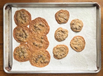 Chocolate chip cookies on a baking sheet; without ClearJel they spread into a puddle; with ClearJel, they spread perfectly.
