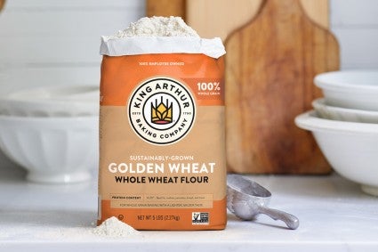 Bag of Golden Wheat White Whole Wheat Flour with top open.