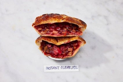 Mini strawberry-rhubarb pie cut in half