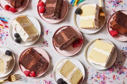 Plated slices of birthday cake