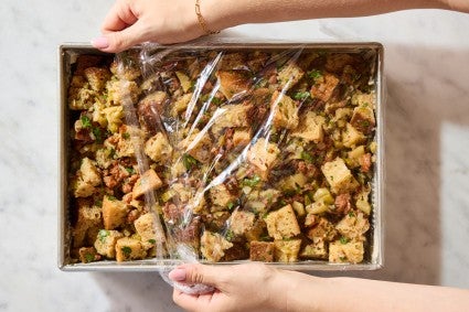 Prepped, unbaked stuffing in baking pan