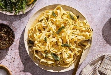 Homemade Pasta with Sage Butter served on a plate